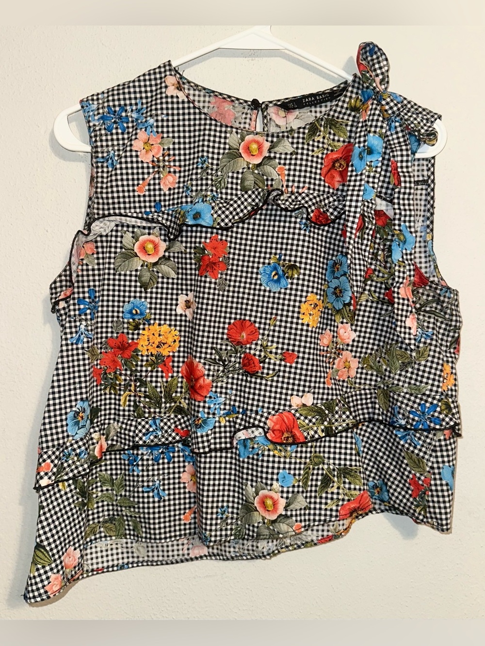 Zara Black and White Floral Gingham Asymmetrical Top